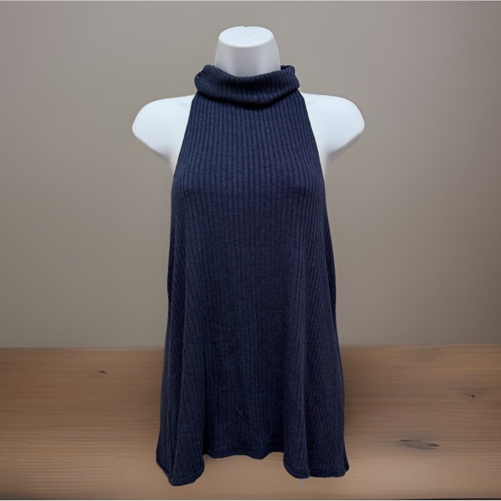 Free People WE THE FREE Sz M Dark Blue Sleeveless Turtleneck Ribbed Top